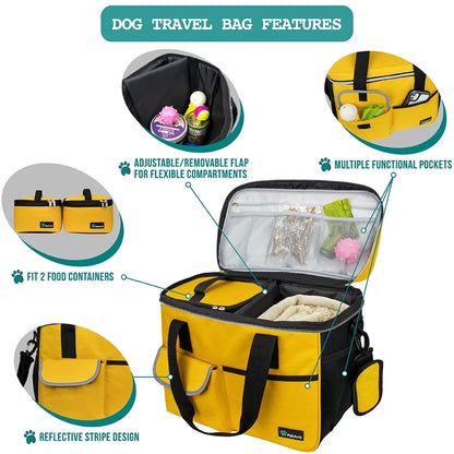 Ultimate Medium Dog Travel Bag - Yellow with Food Containers & Bowls, 22L Capacity