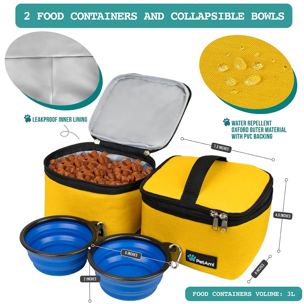 Ultimate Medium Dog Travel Bag - Yellow with Food Containers & Bowls, 22L Capacity