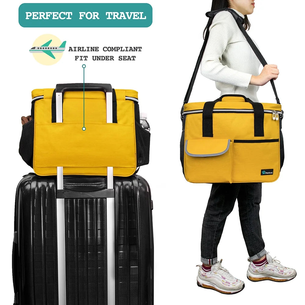 Ultimate Medium Dog Travel Bag - Yellow with Food Containers & Bowls, 22L Capacity