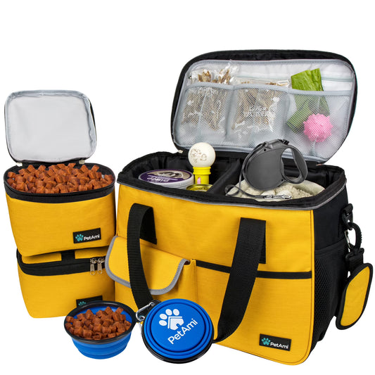 Ultimate Medium Dog Travel Bag - Yellow with Food Containers & Bowls, 22L Capacity