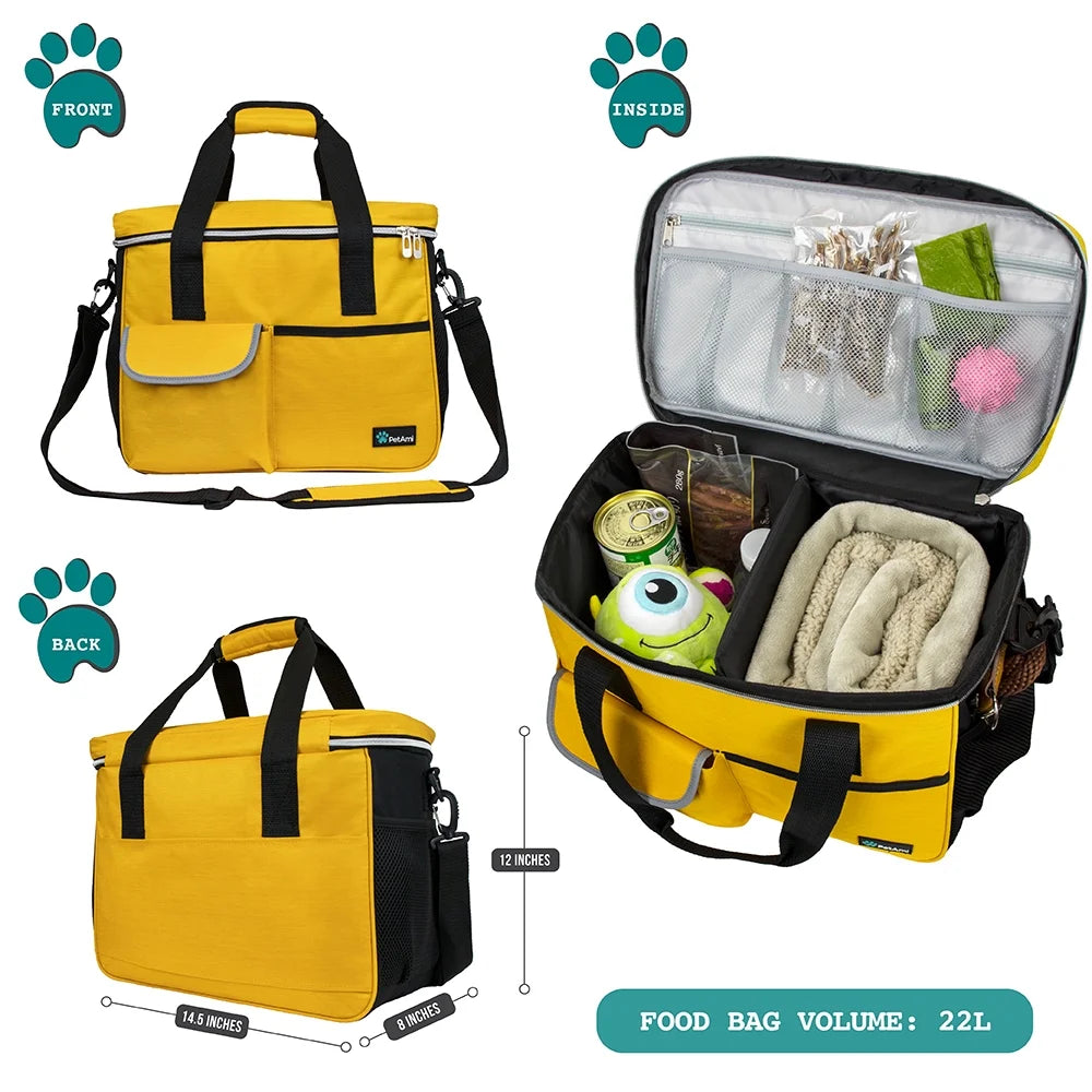 Ultimate Medium Dog Travel Bag - Yellow with Food Containers & Bowls, 22L Capacity
