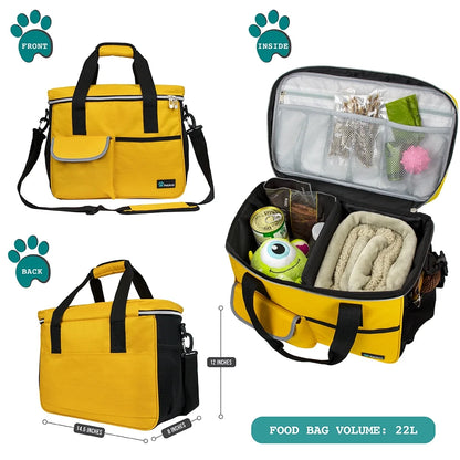 Ultimate Medium Dog Travel Bag - Yellow with Food Containers & Bowls, 22L Capacity